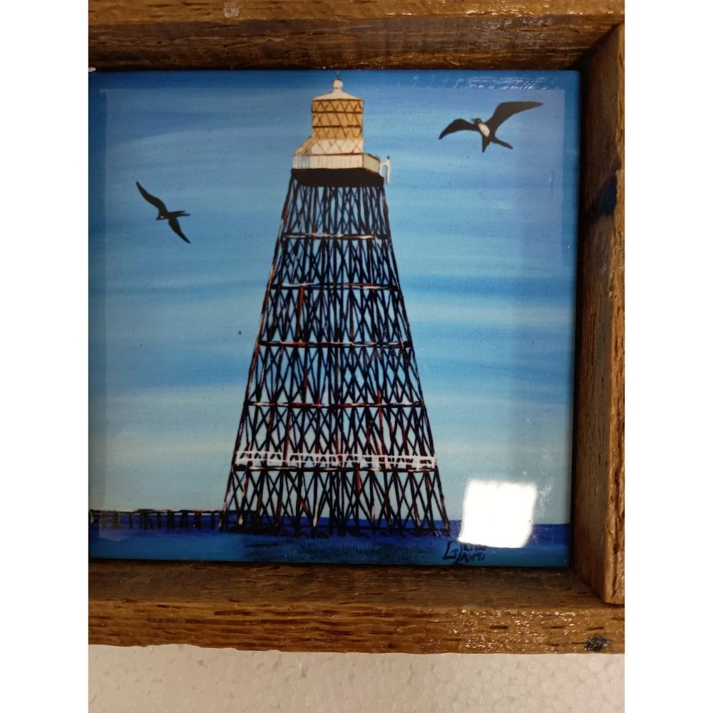 Vintage Cottage On The Shore Tile Wall Art Decor Framed Handmade Coastal Beach